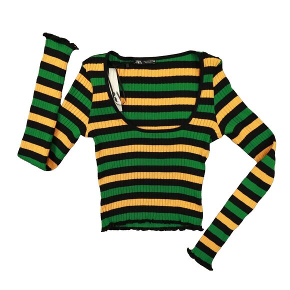 Zara Black Striped‎ Ribbed Knit Sweater Lettuce Trim Long Sleeve Top size Small - Picture 1 of 10